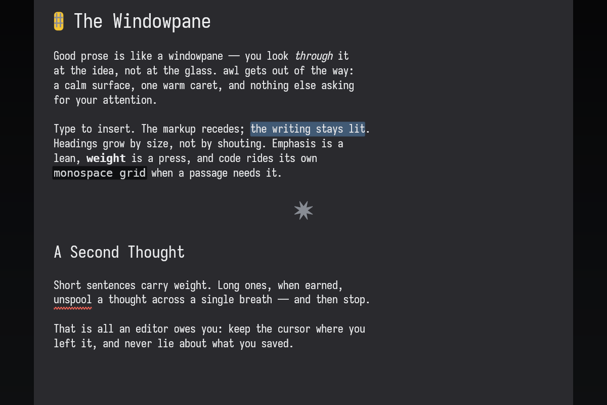 Currawong world — near-pure-black OLED.